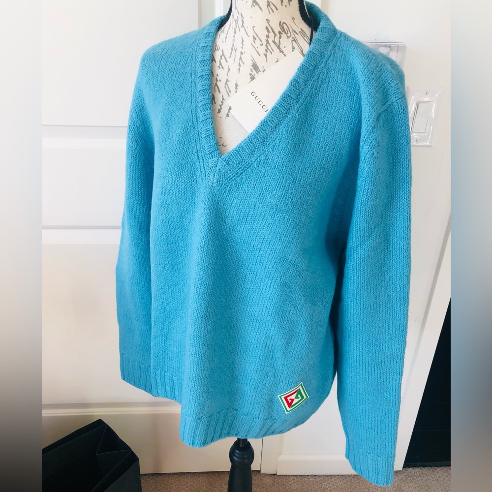 Gucci blue knit sweater with logo patch NWT unisex See scarf and bundle …UNISEX